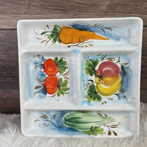 Serving Ceramic Plate , 4 Sections, Vegetable Decor, 11 X 11 - Picture 5 of 8